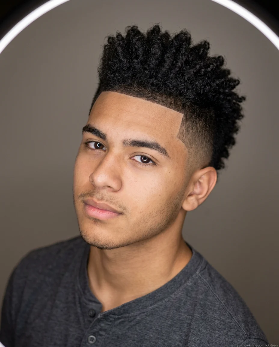 Faux Hawk with Line-Up on thick coily hair for teen boys