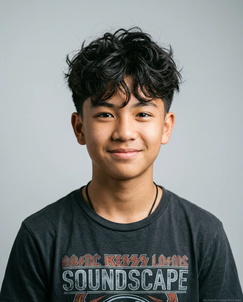 Messy Faux Hawk on thick wavy hair for teen boys