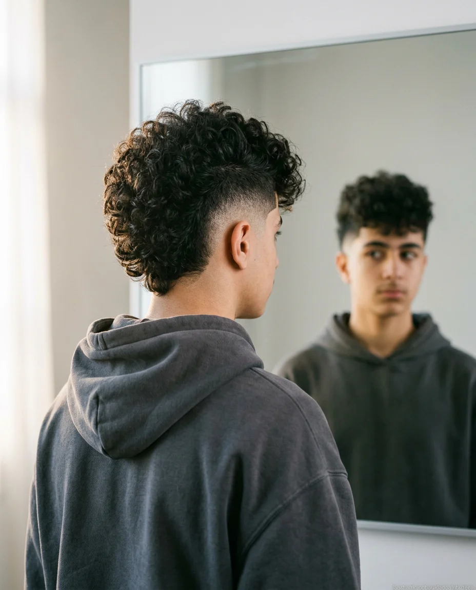 Faux Hawk Mohawk Fade on thick curly hair for teen boys