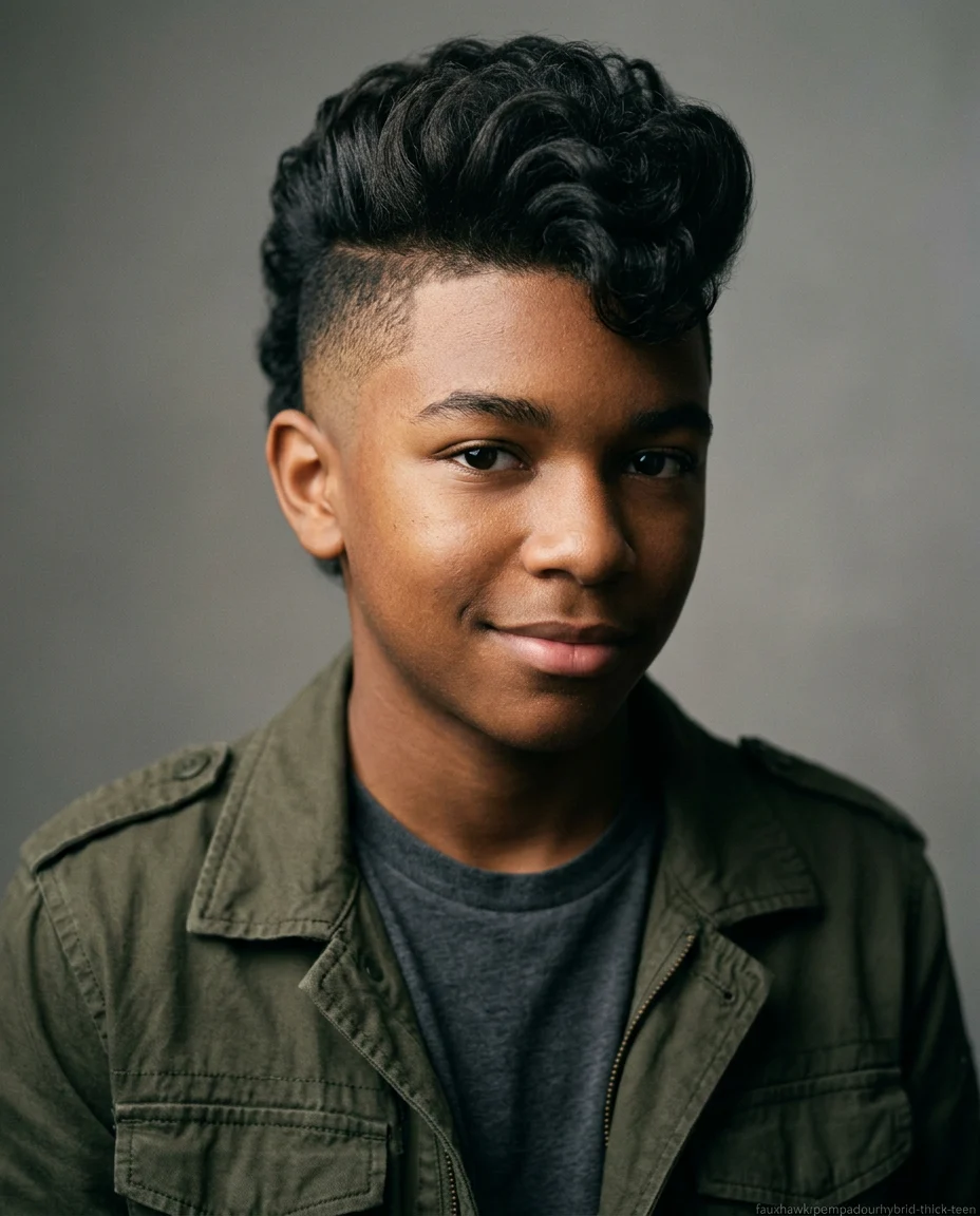 Faux Hawk Pompadour Hybrid on thick curly hair for teen boys
