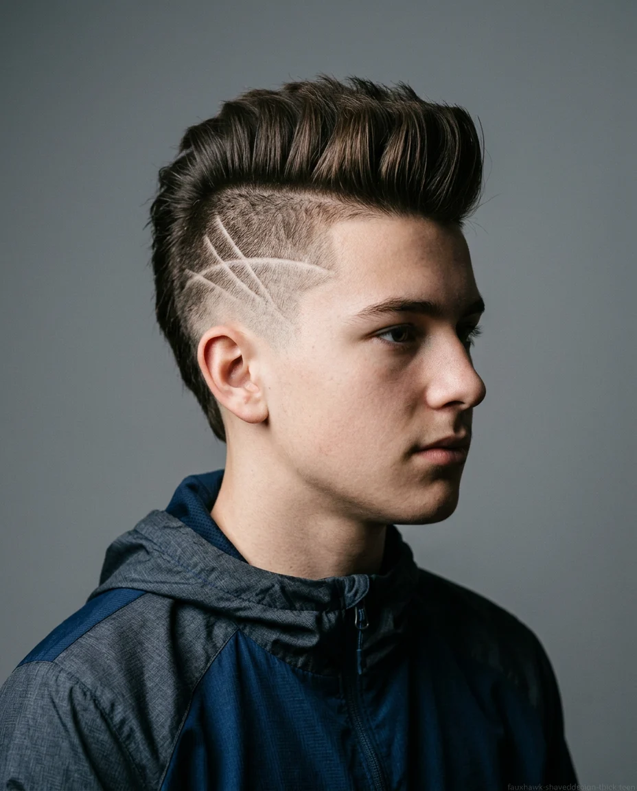 Faux Hawk with Shaved Design on thick straight hair for teen boys