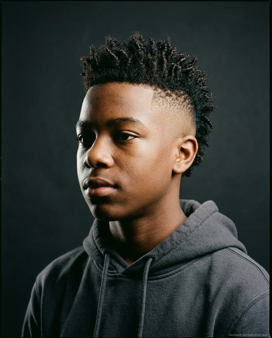 Faux Hawk with Skin Fade on thick coily hair for teen boys