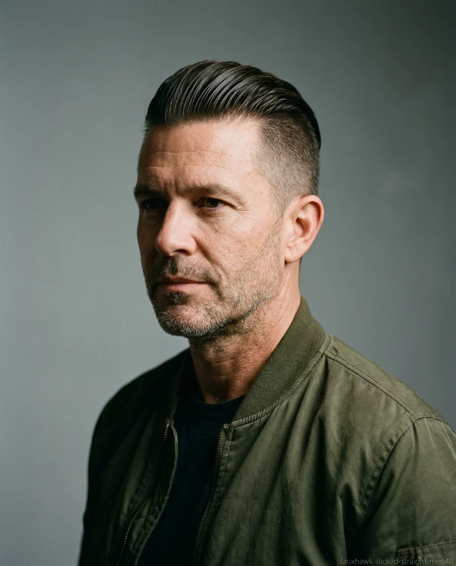 Slicked Medium Faux Hawk on a man over 40 with straight hair