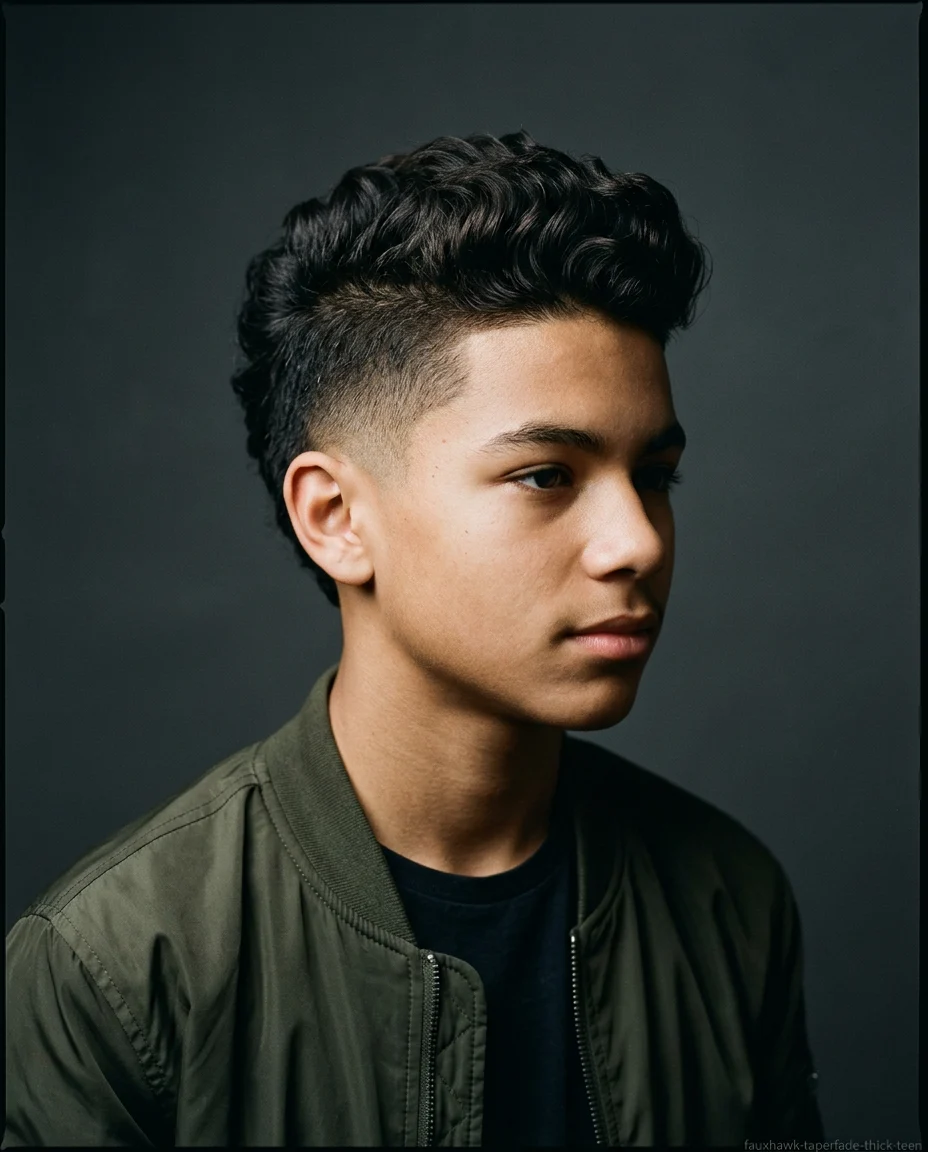 Faux Hawk with Taper Fade on thick wavy hair for teen boys