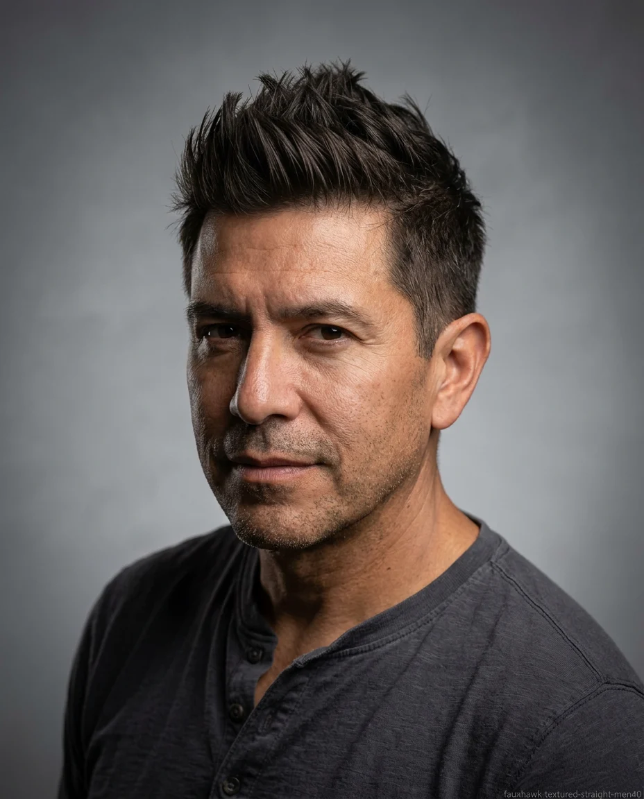 Textured Medium Faux Hawk on a man over 40 with straight hair