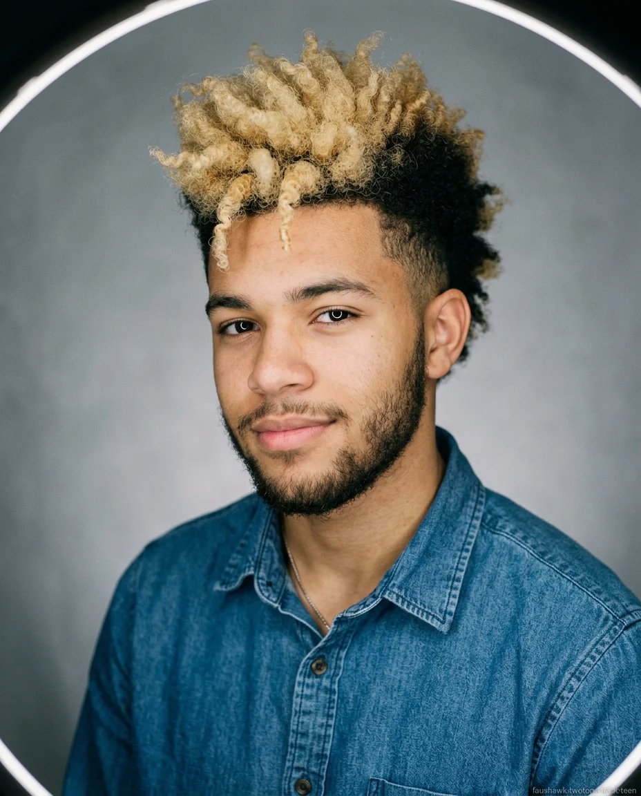 Two-Tone Faux Hawk on thick coily hair for teen boys
