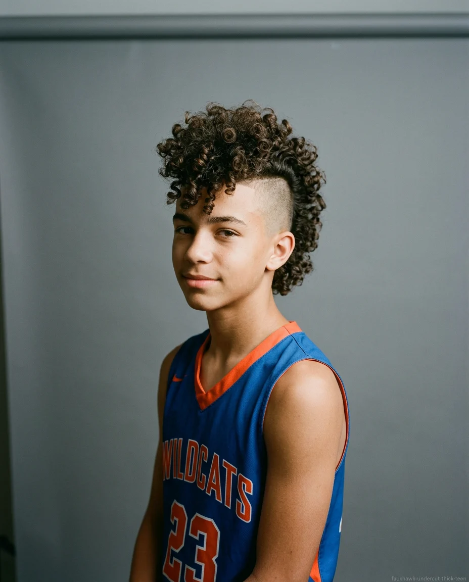Faux Hawk with Undercut on thick curly hair for teen boys
