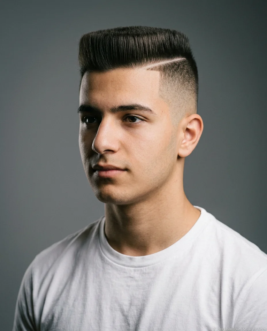 Flat top with hard part for teen boy with straight hair