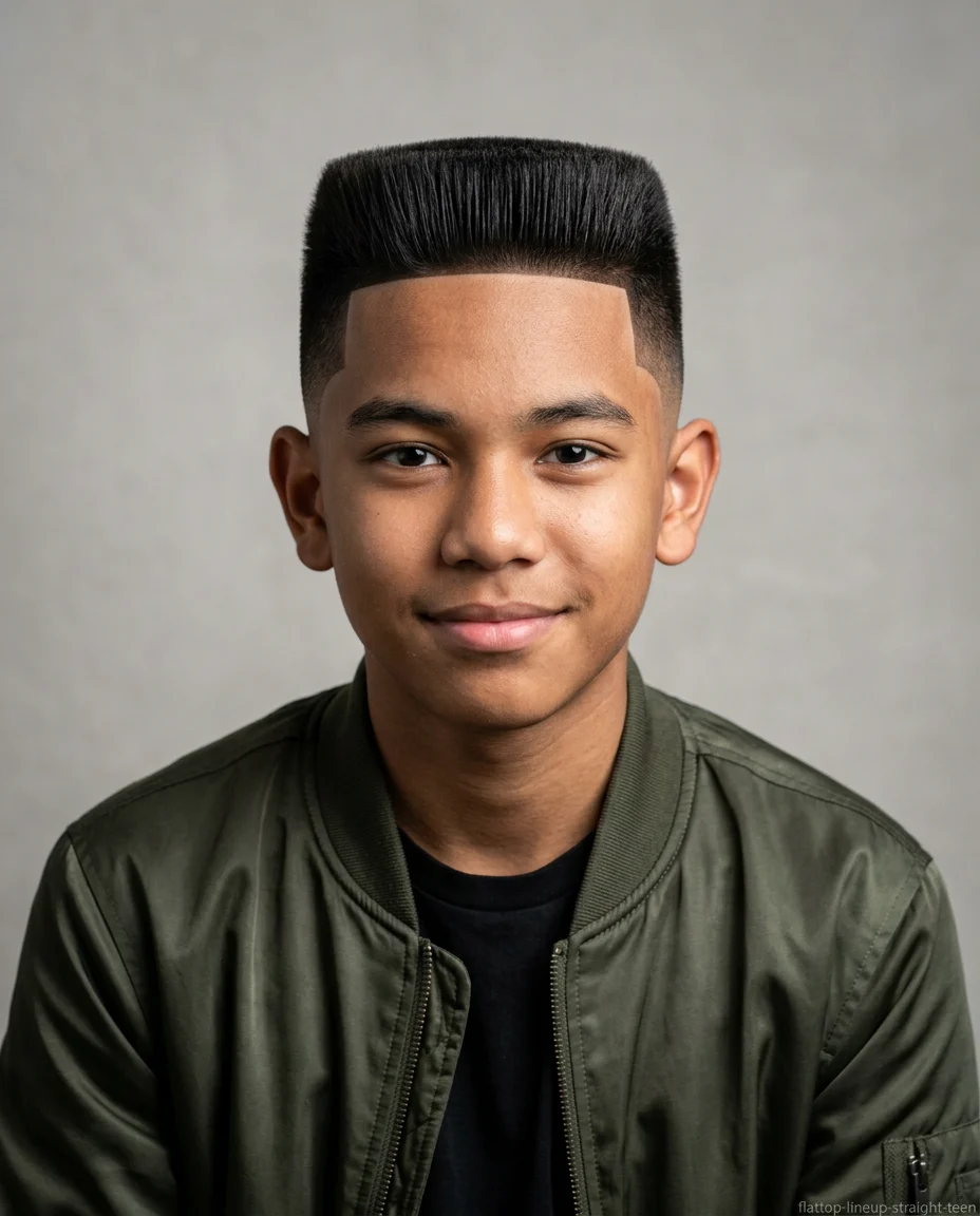 Flat top with line up for teen boy with straight hair