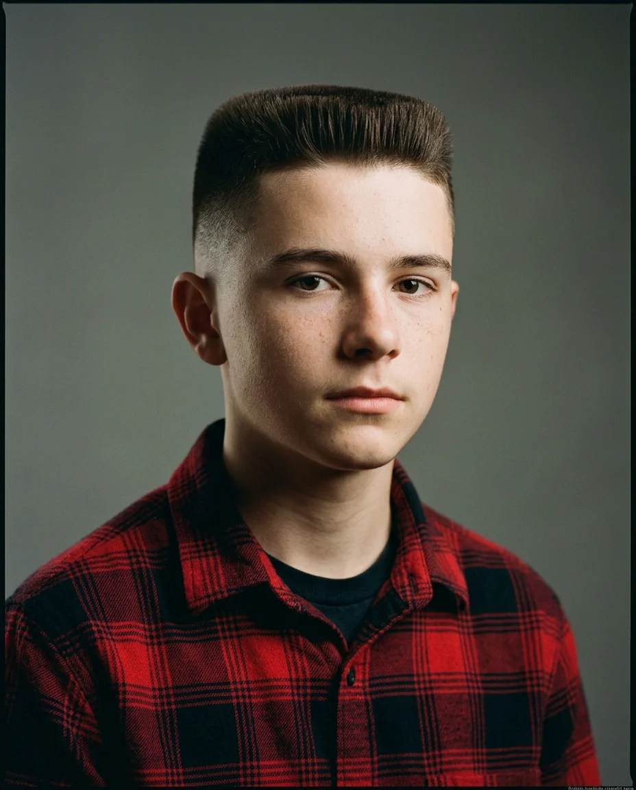 Low flat top fade for teen boy with straight hair