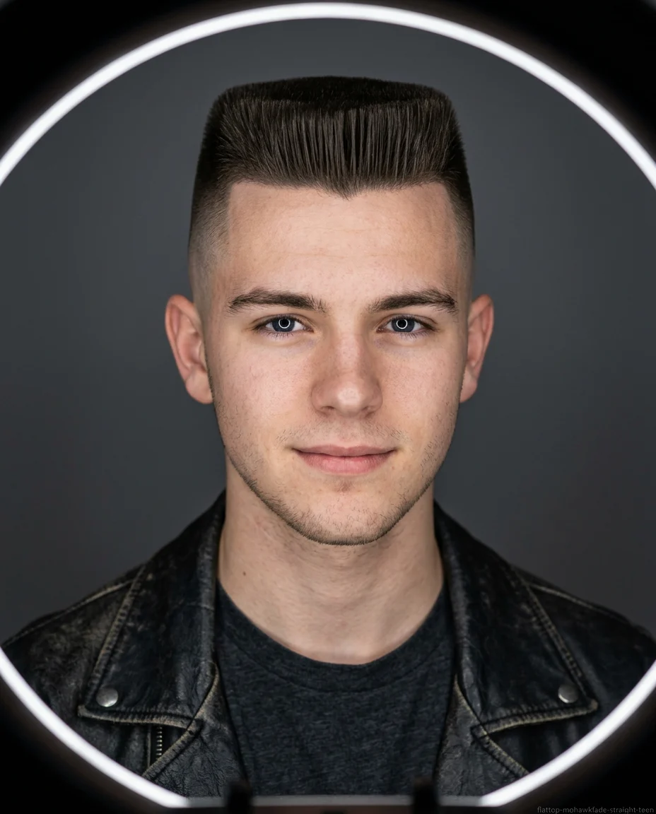 Flat top mohawk fade for teen boy with straight hair