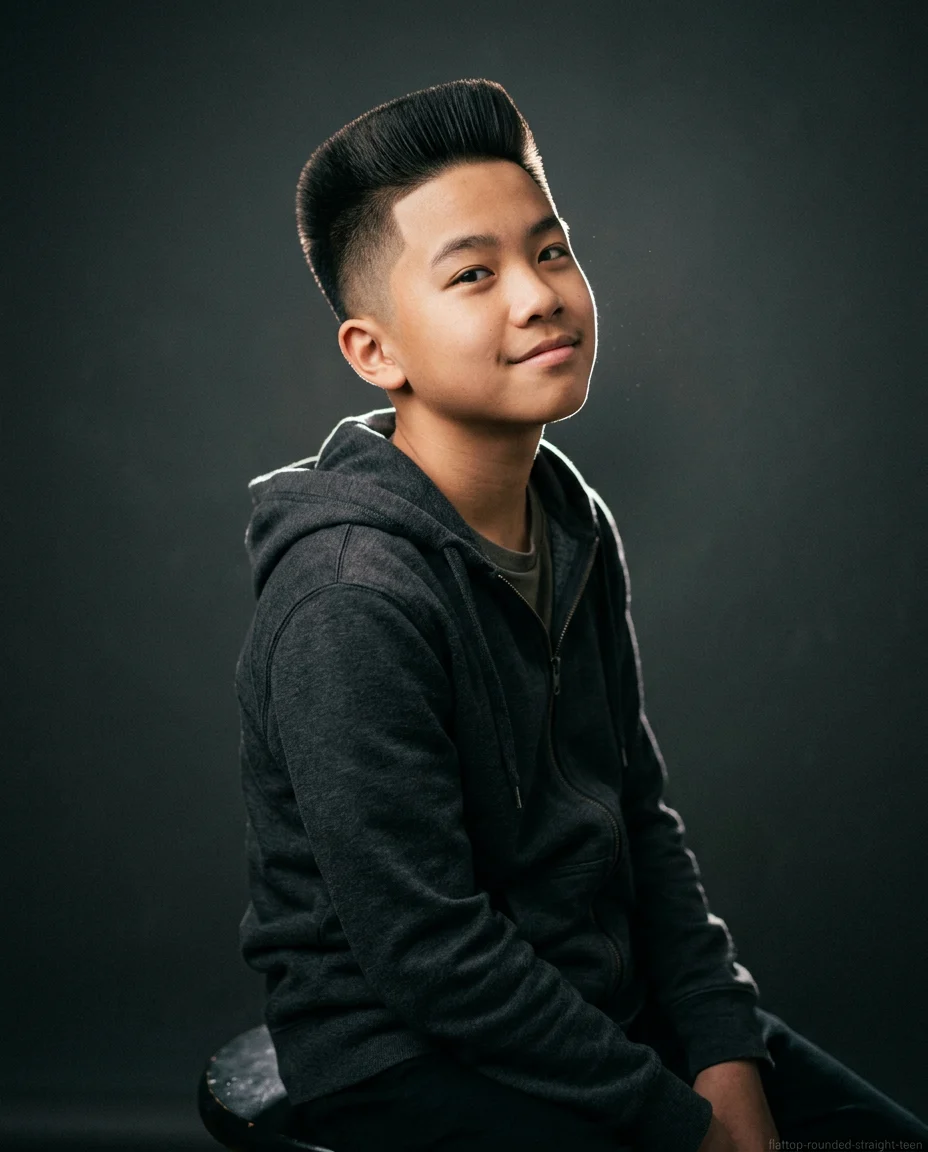 Rounded flat top haircut for teen boy with straight hair