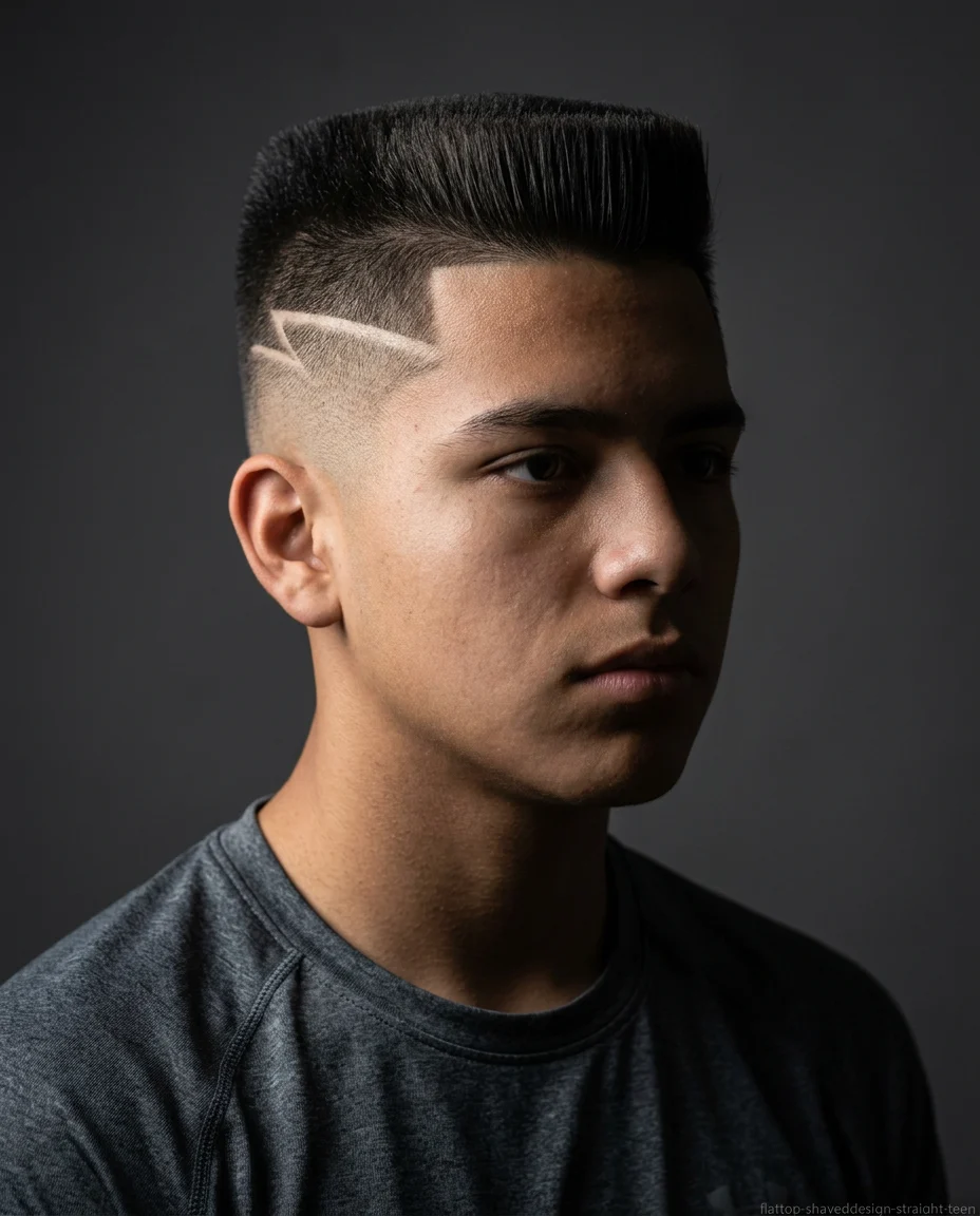 Flat top fade with shaved design for teen boy with straight hair