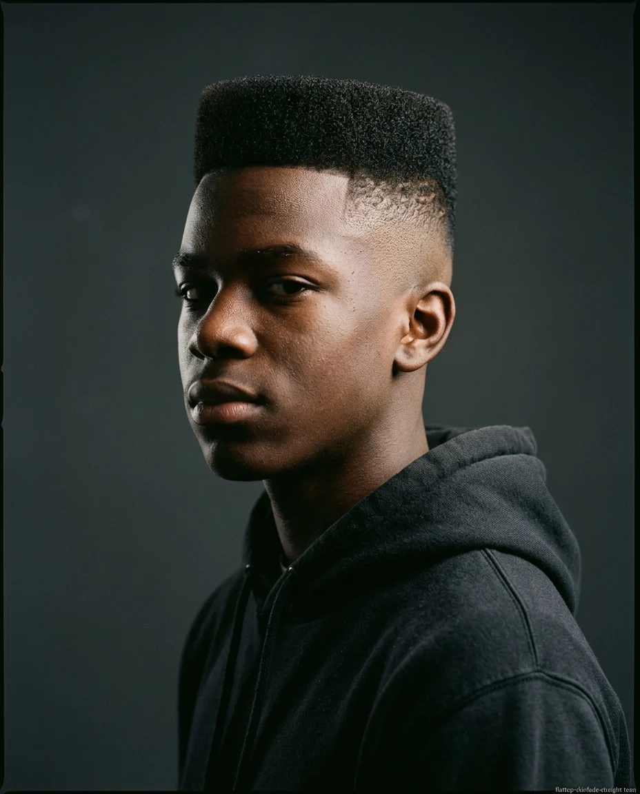 High flat top with skin fade for teen boy with straight hair