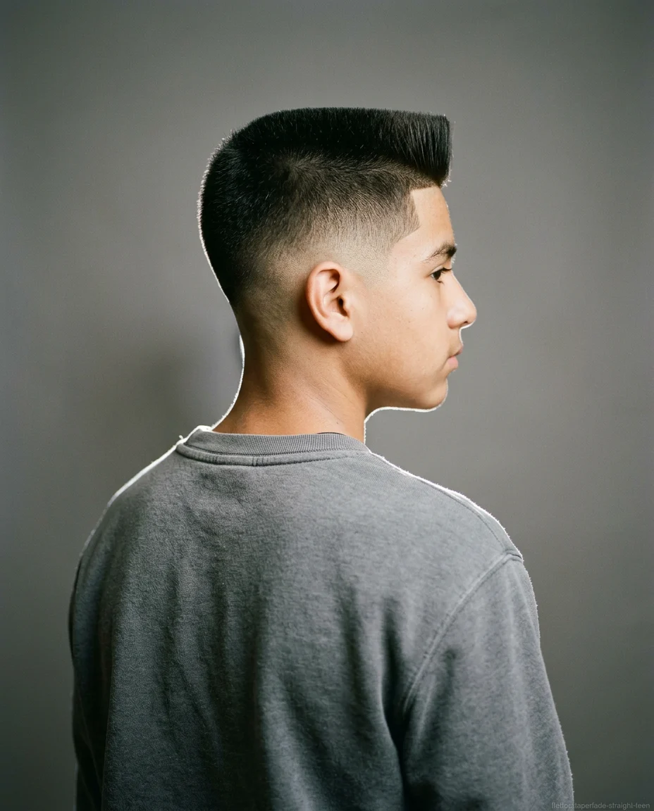 Flat top with taper fade for teen boy with straight hair