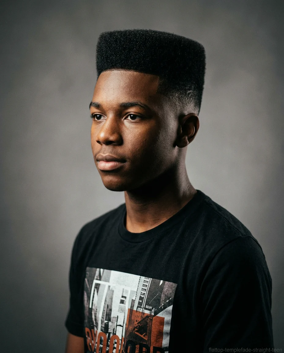 Flat top with temple fade for teen boy with straight hair