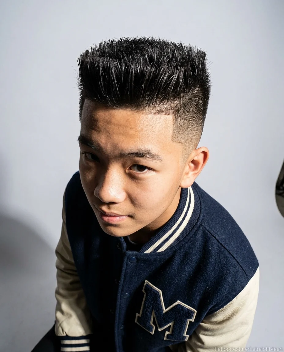 Textured flat top haircut for teen boy with straight hair