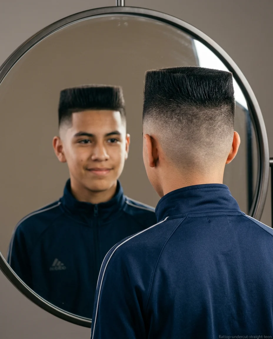 Flat top with undercut sides for teen boy with straight hair