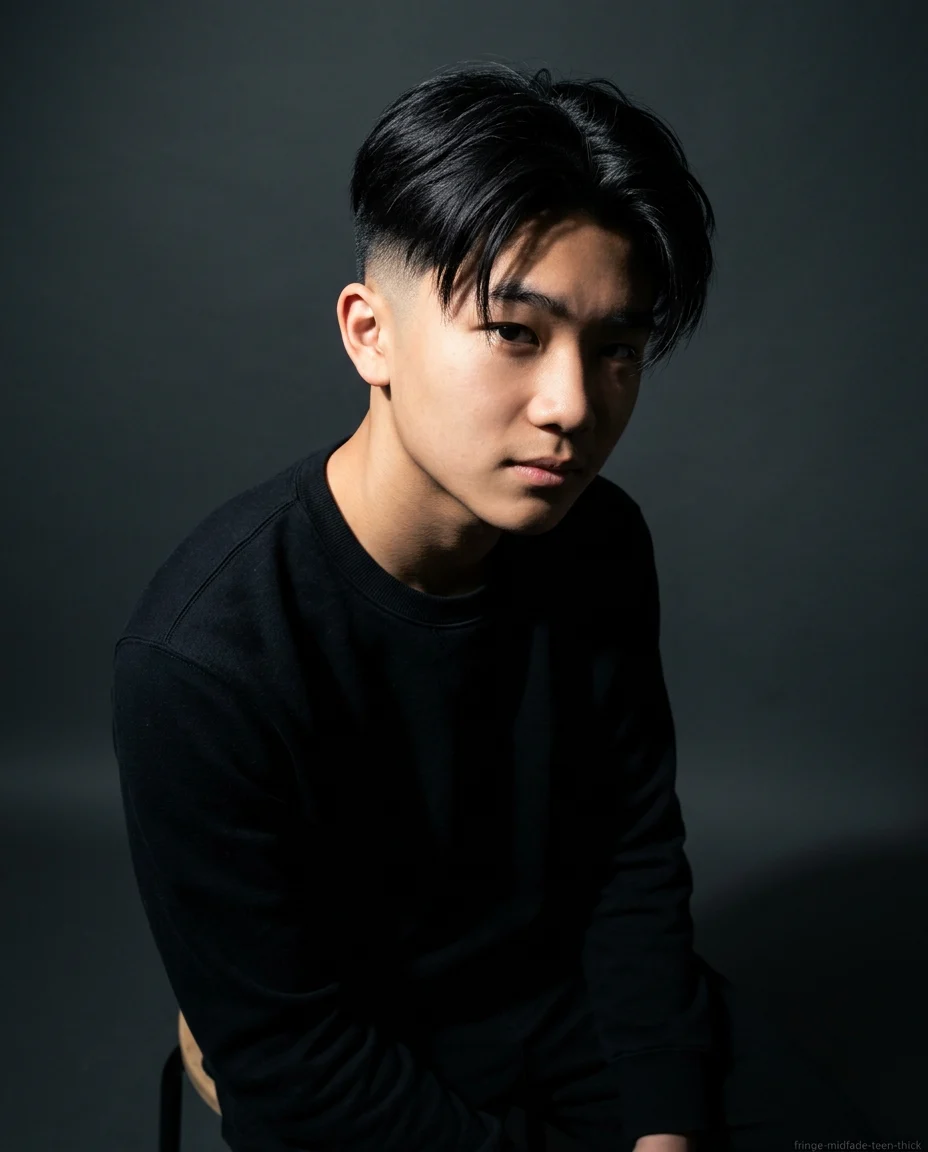 Medium Fringe with Mid Fade for teen boy with thick hair