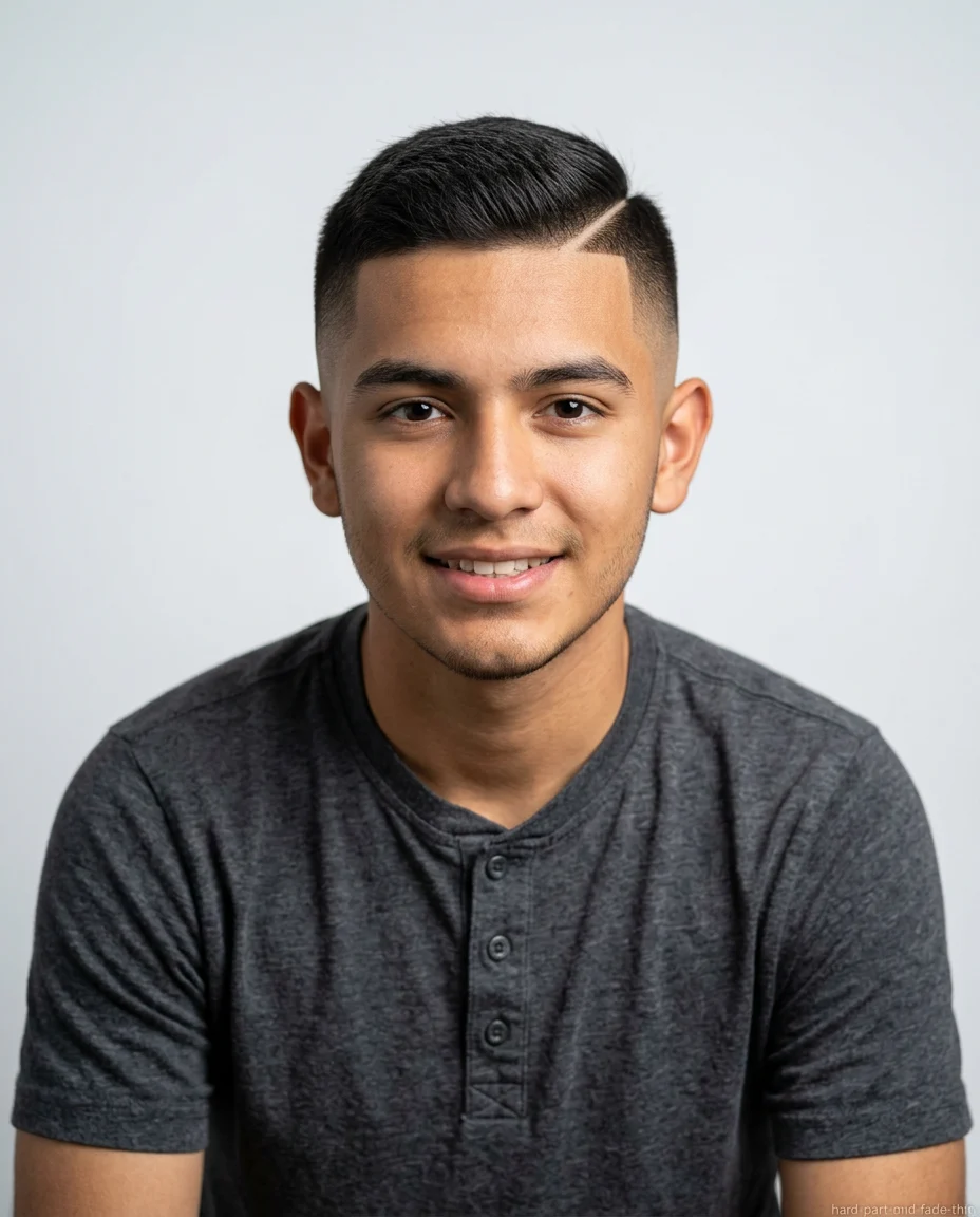 Mid Fade Hard Part haircut for teen boy with thin hair