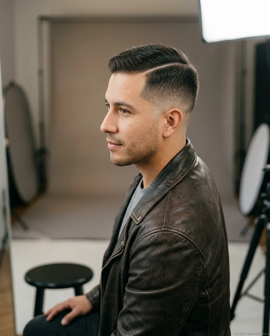 Medium Fade with Hard Part on thin hair