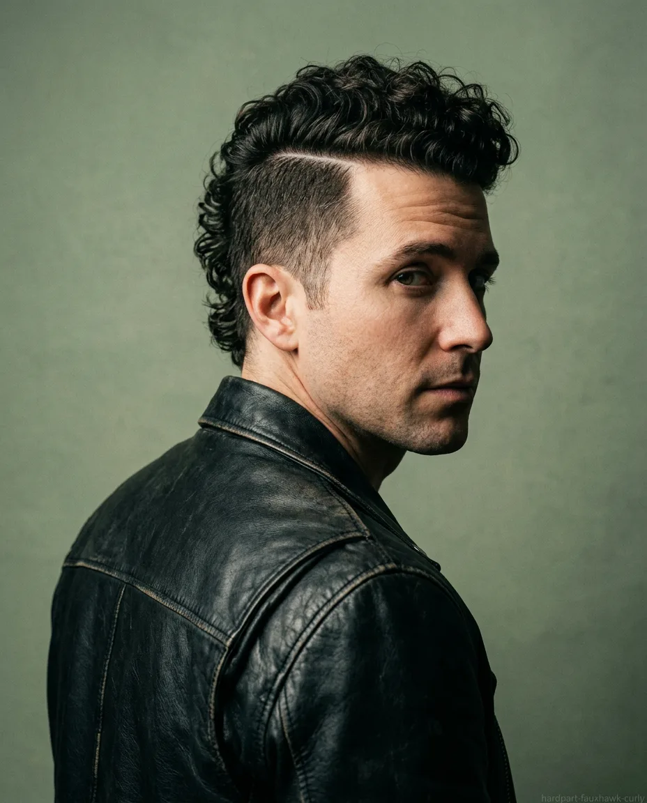 Curly faux hawk with hard part for men