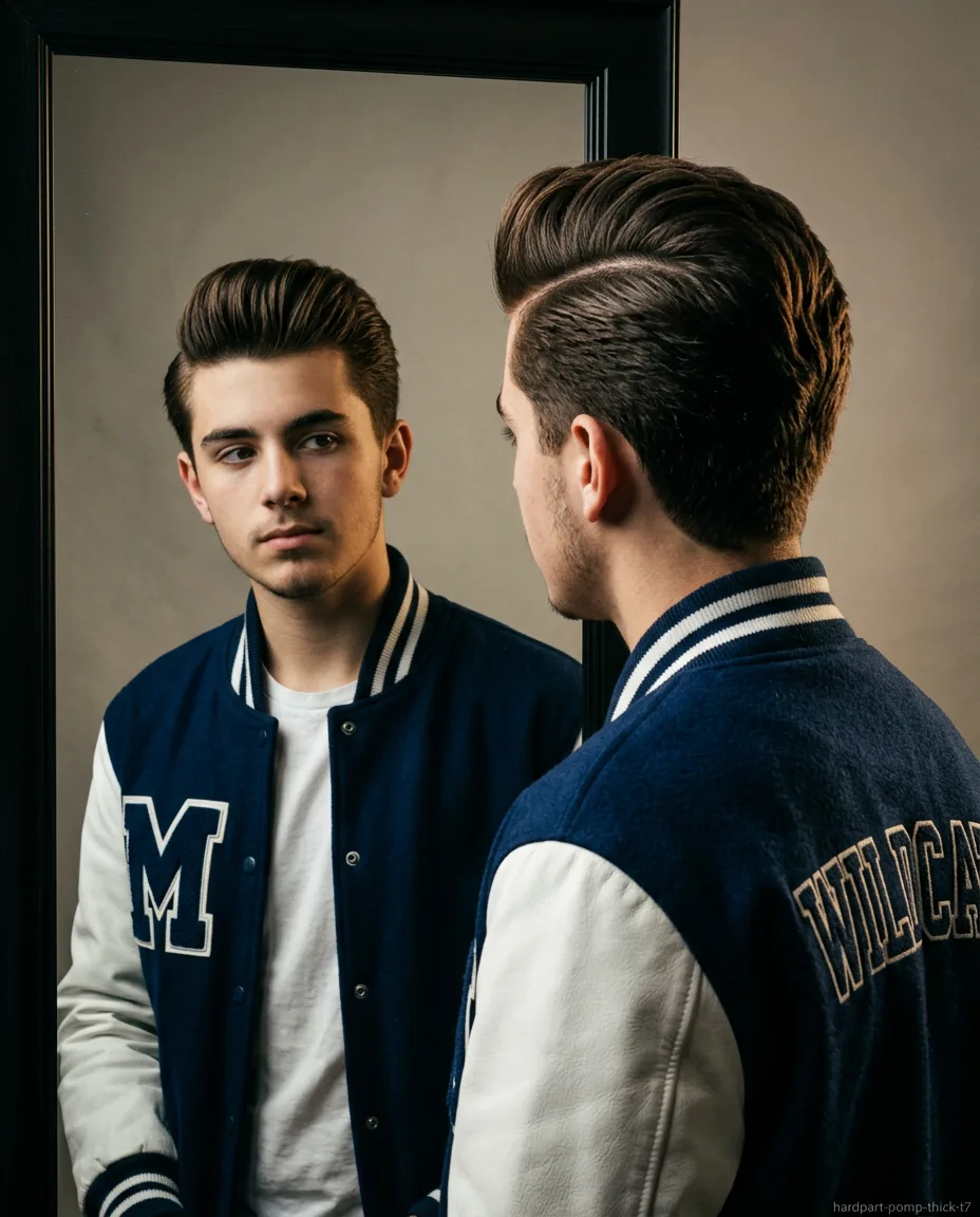 Long pompadour with hard part on thick teen hair