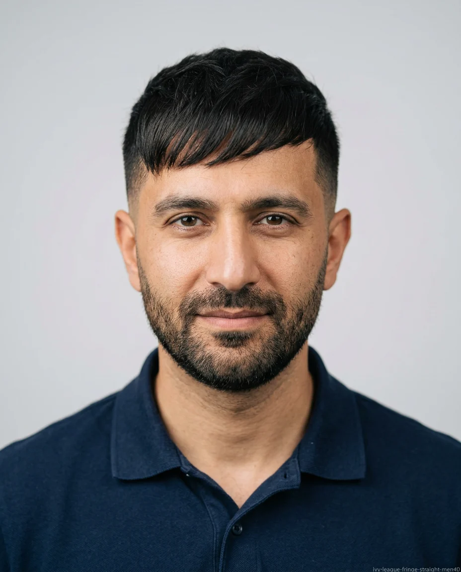Ivy League haircut with a forward fringe on a man over 40