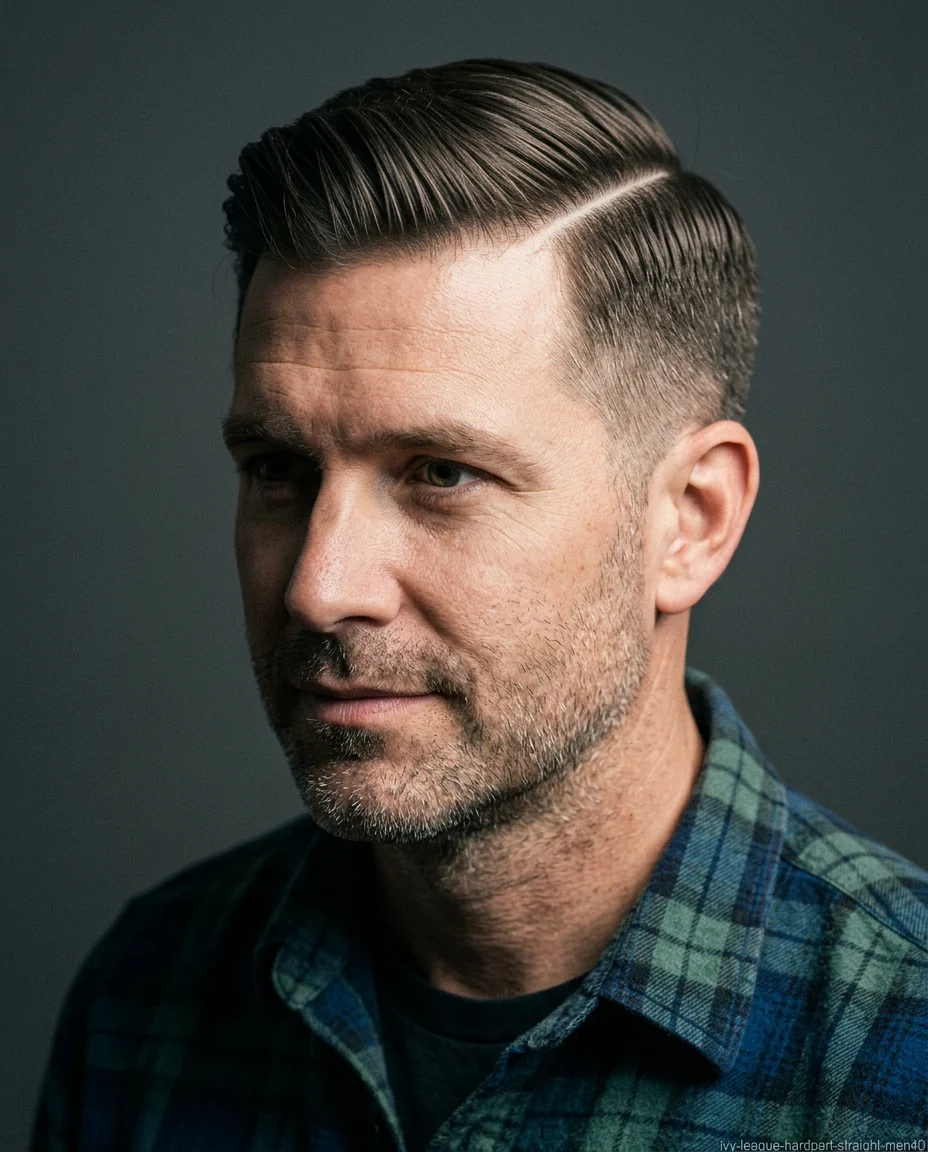 Ivy League haircut with a hard part shaved line on a man over 40