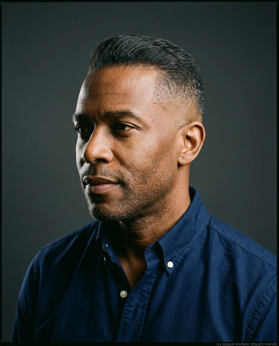 Ivy League haircut with a low fade on a man with straight hair
