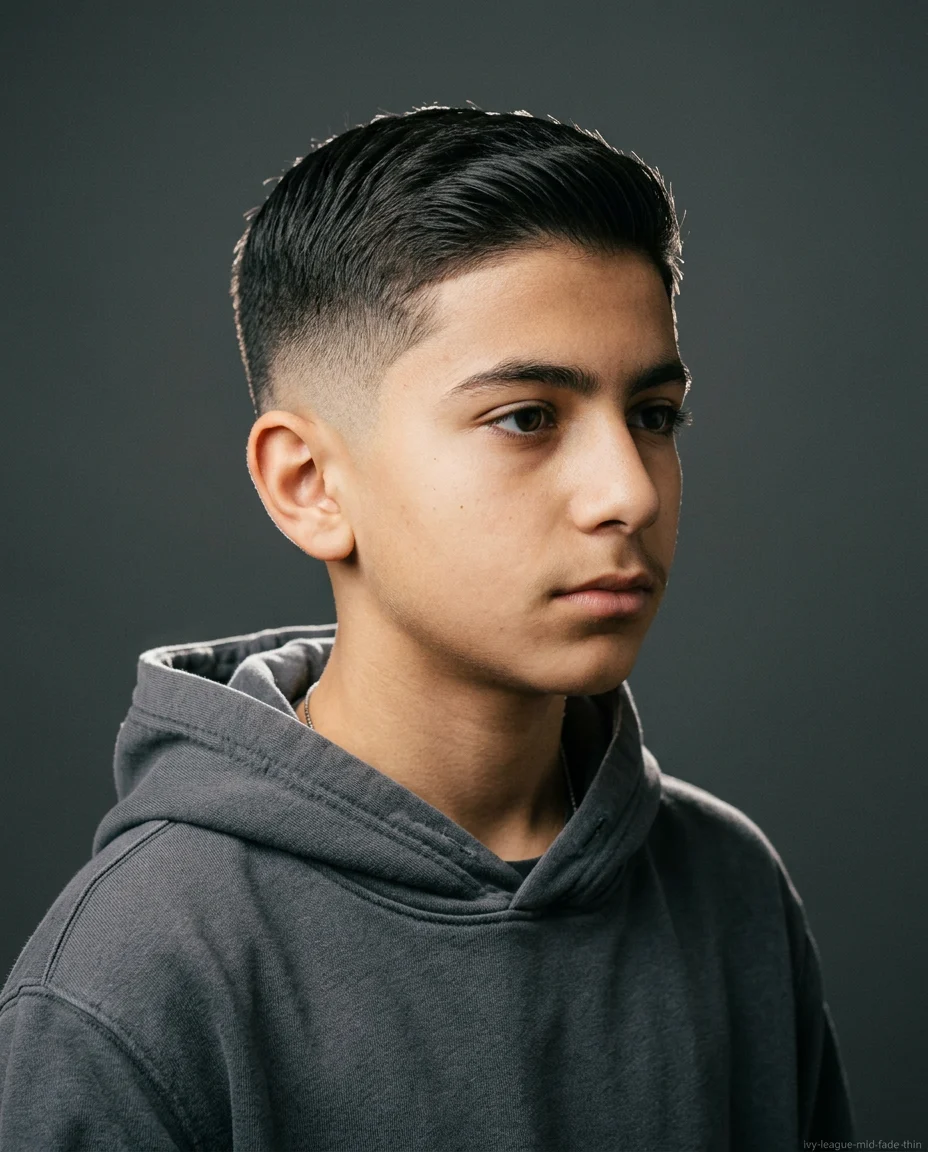 Mid Fade Ivy League haircut for teen boy with thin hair