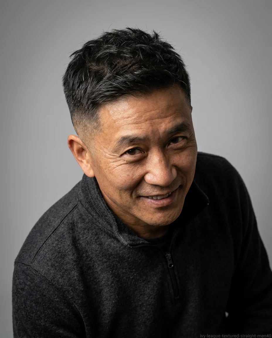 Textured Ivy League haircut with piecey top on a man with straight hair