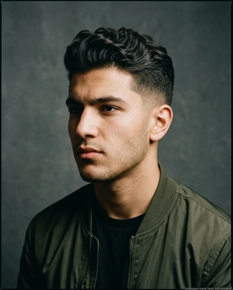 Medium Ivy League with a Wavy Pompadour Blend
