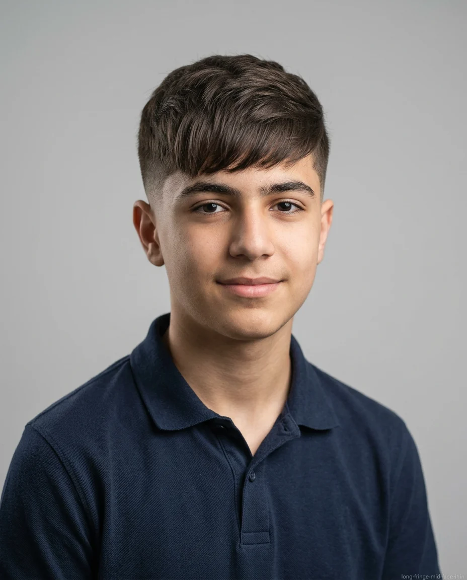 Mid Fade Long Top Fringe haircut for teen boy with thin hair