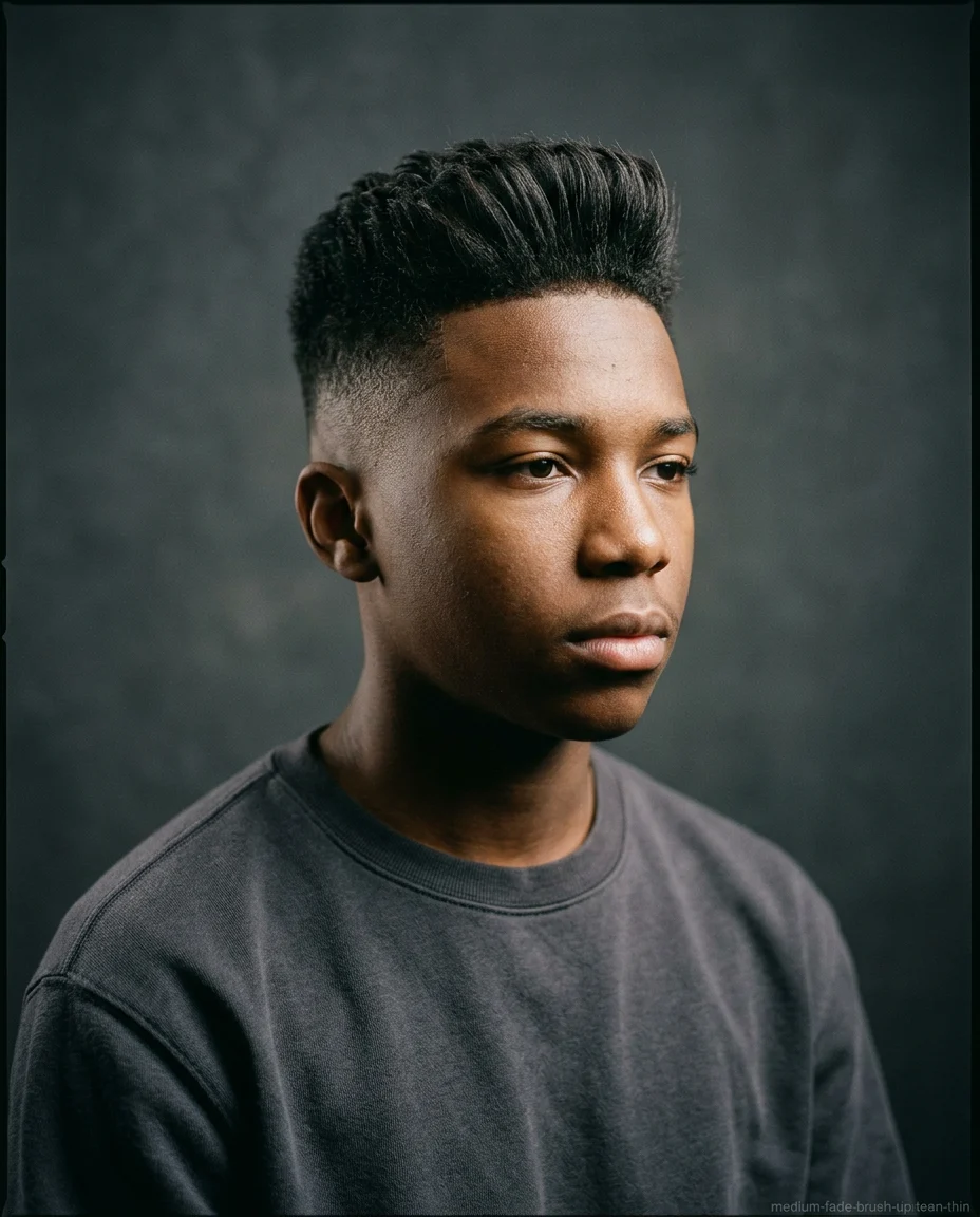 Medium Fade with Long Top Brush Up for teen boys with thin hair