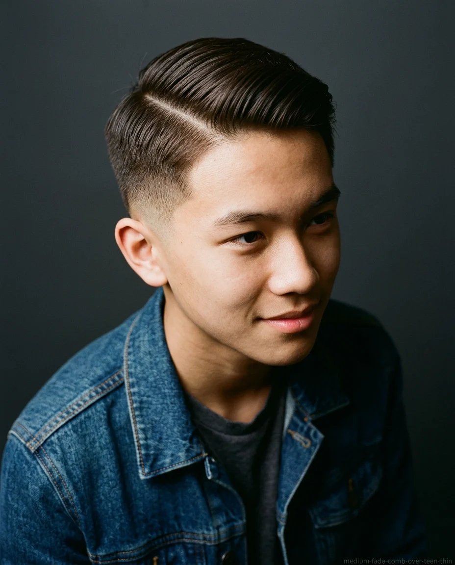 Medium Fade with Low Comb Over for teen boys with thin hair