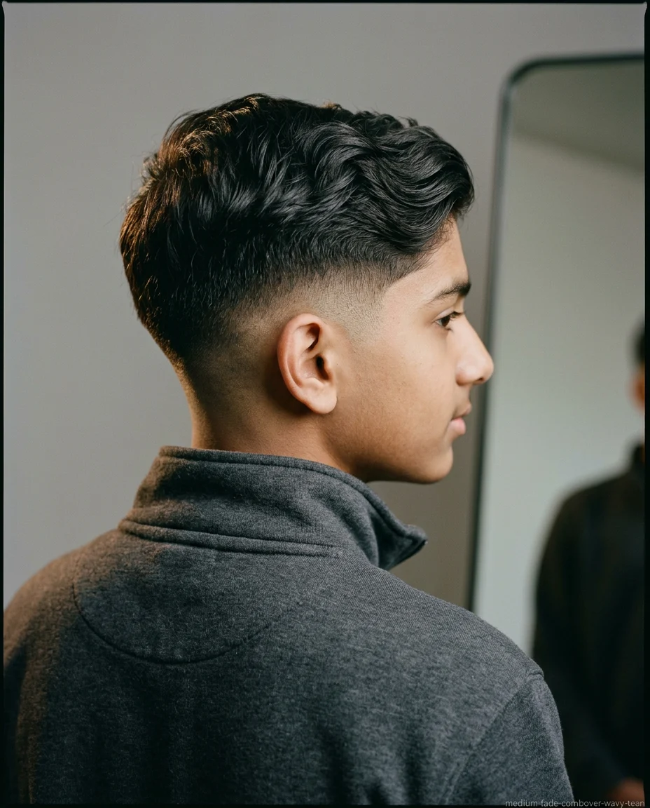 Medium Fade Comb Over on wavy hair