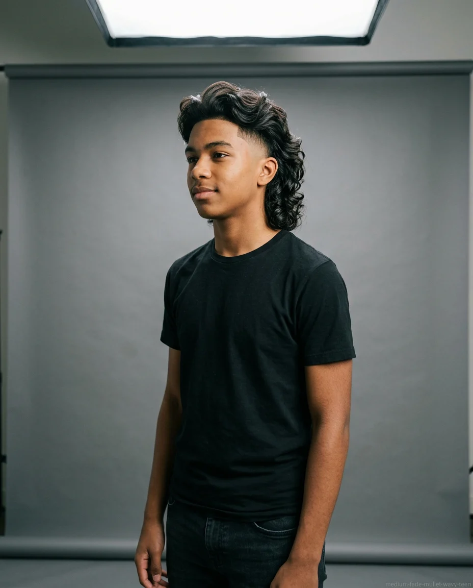 Medium Fade Mullet on wavy hair