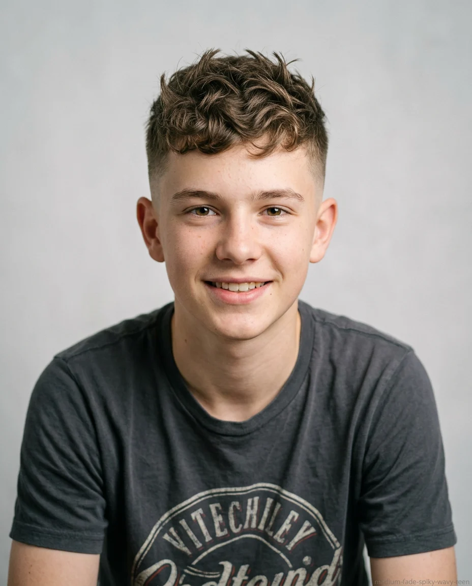 Medium Fade Spiky Textured Top on wavy hair