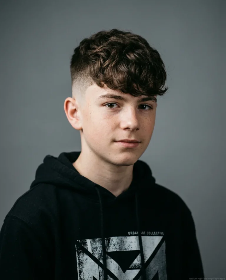 Medium High Fade with Textured Fringe on wavy hair