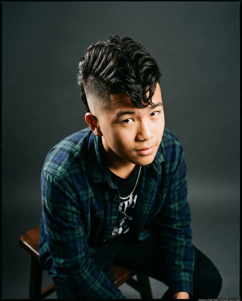 Medium High Fade Mohawk on wavy hair