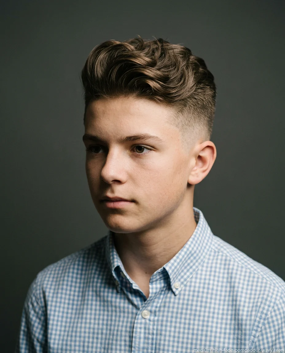 Medium High Fade Pompadour on wavy hair