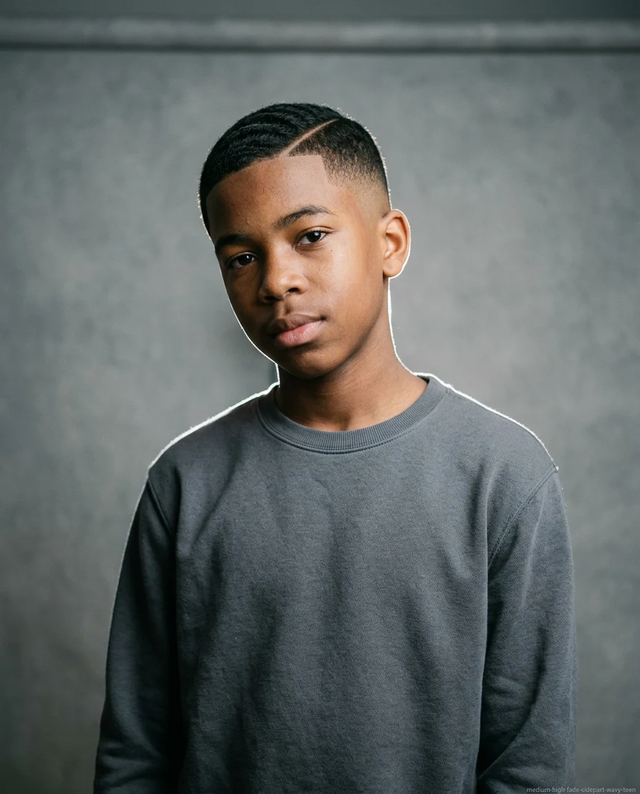 Medium High Fade Side Part on wavy hair