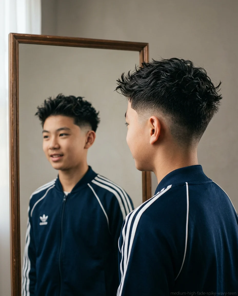 Medium High Fade Spiky Textured Top on wavy hair