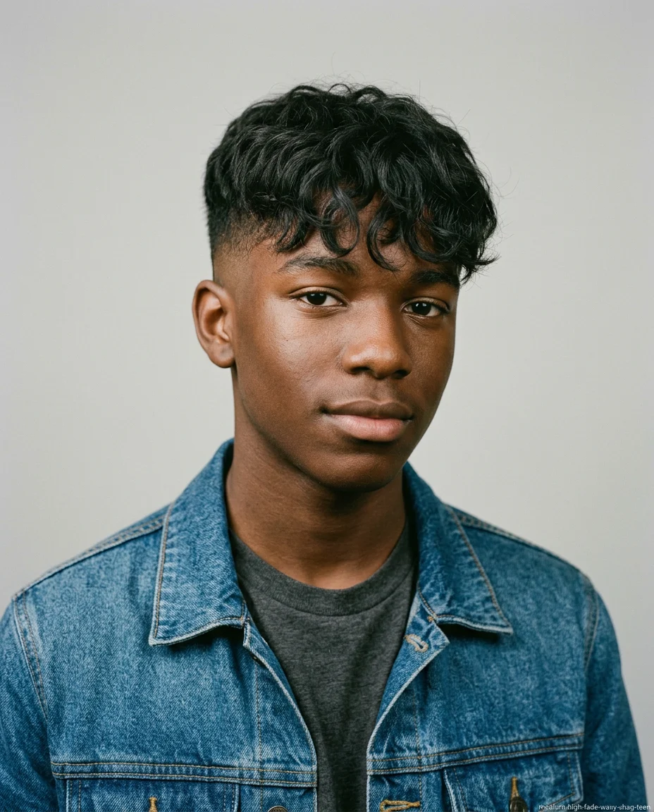 Medium High Fade Wavy Shag on wavy hair