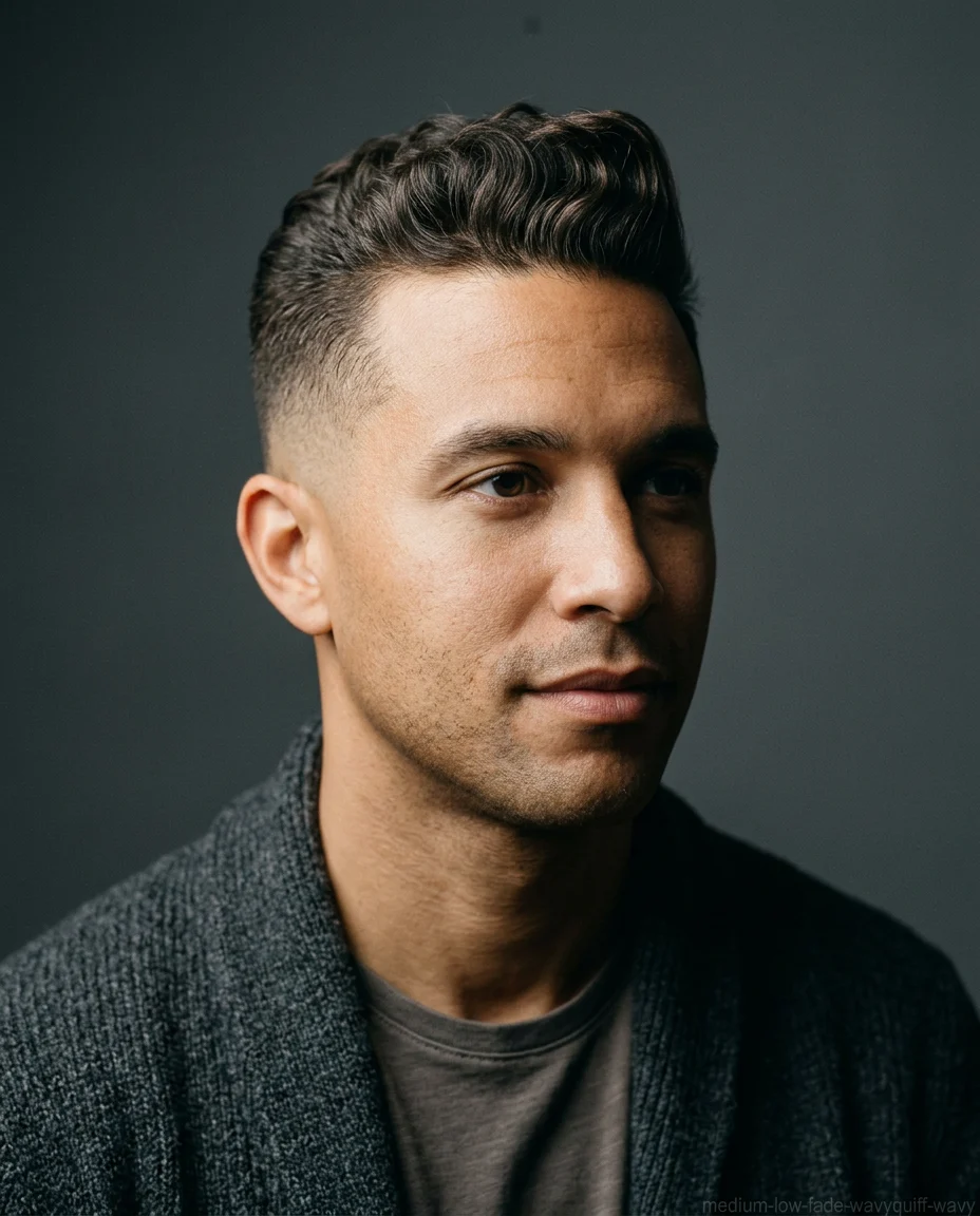 Medium Low Fade with Wavy Quiff