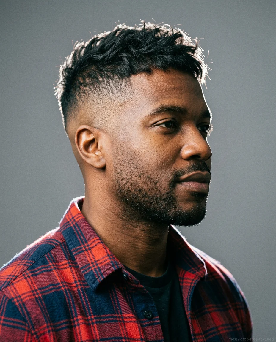Textured Messy Crop Fade haircut for men with straight hair