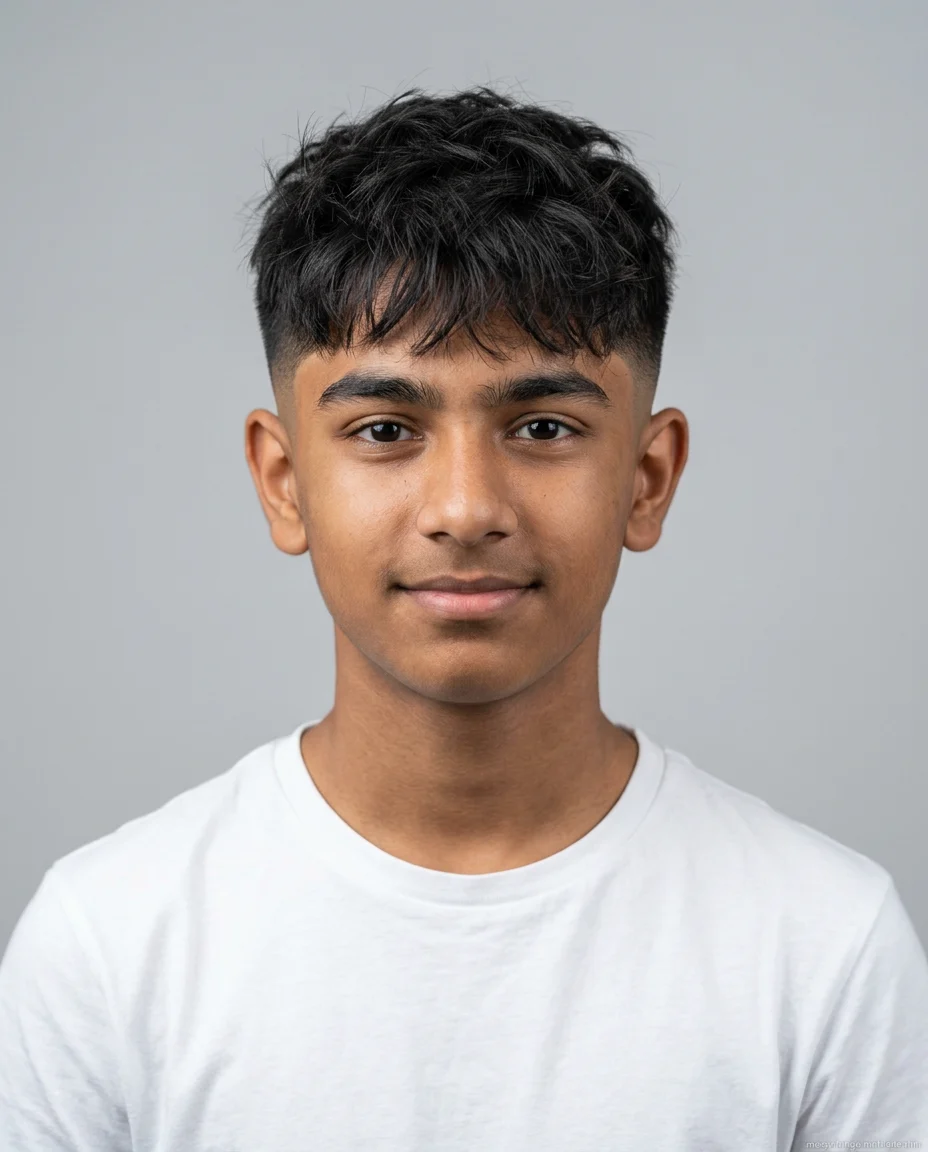 Mid Fade Messy Fringe haircut for teen boy with thin hair