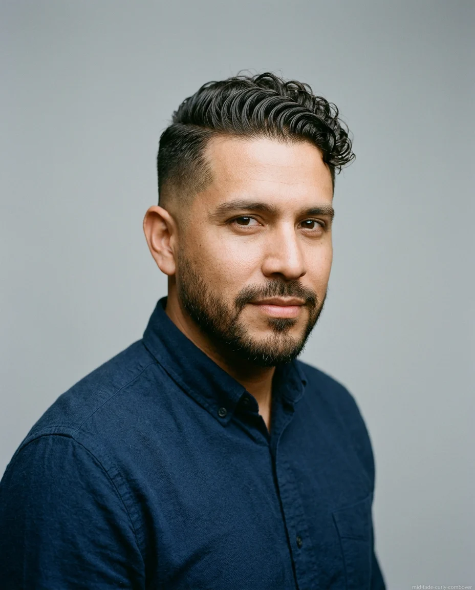 Medium Mid Fade with a Slicked Curly Comb-Over