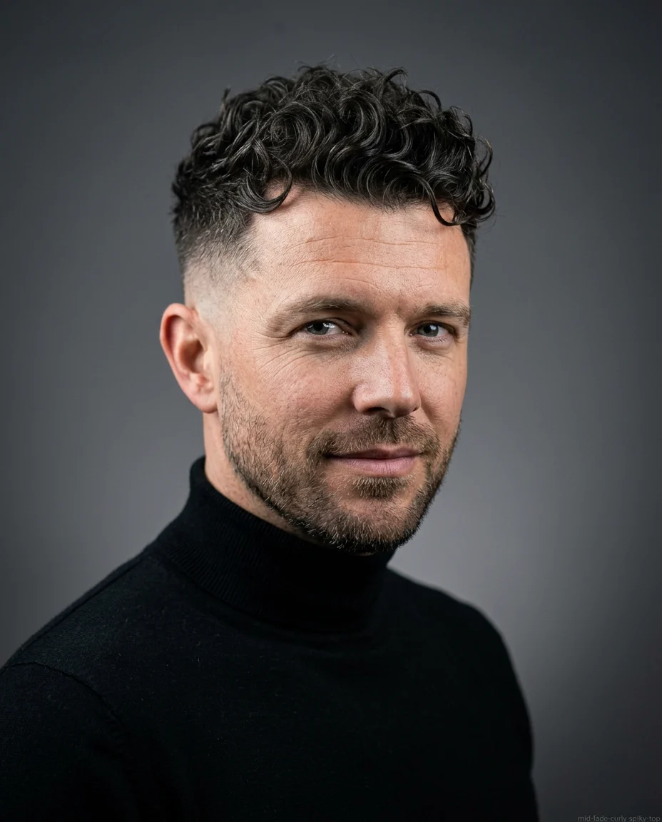 Medium Mid Fade with a Curly Spiky Top